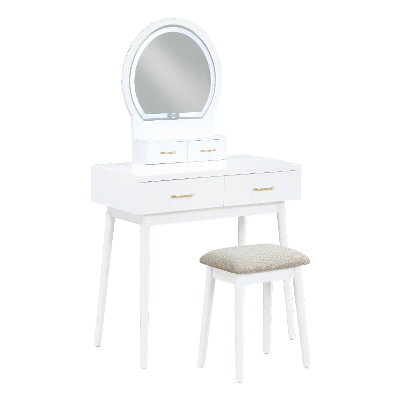 Anvy Vanity Desk Set with Mirror and Stool- 4 Drawers- White Wood