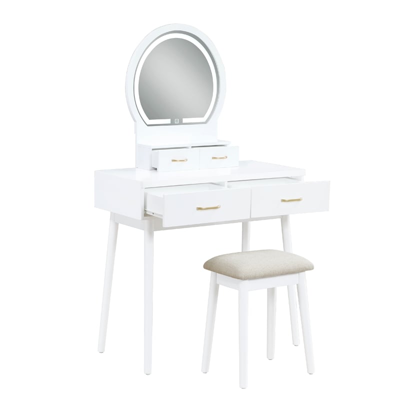 Anvy Vanity Desk Set with Mirror and Stool- 4 Drawers- White Wood