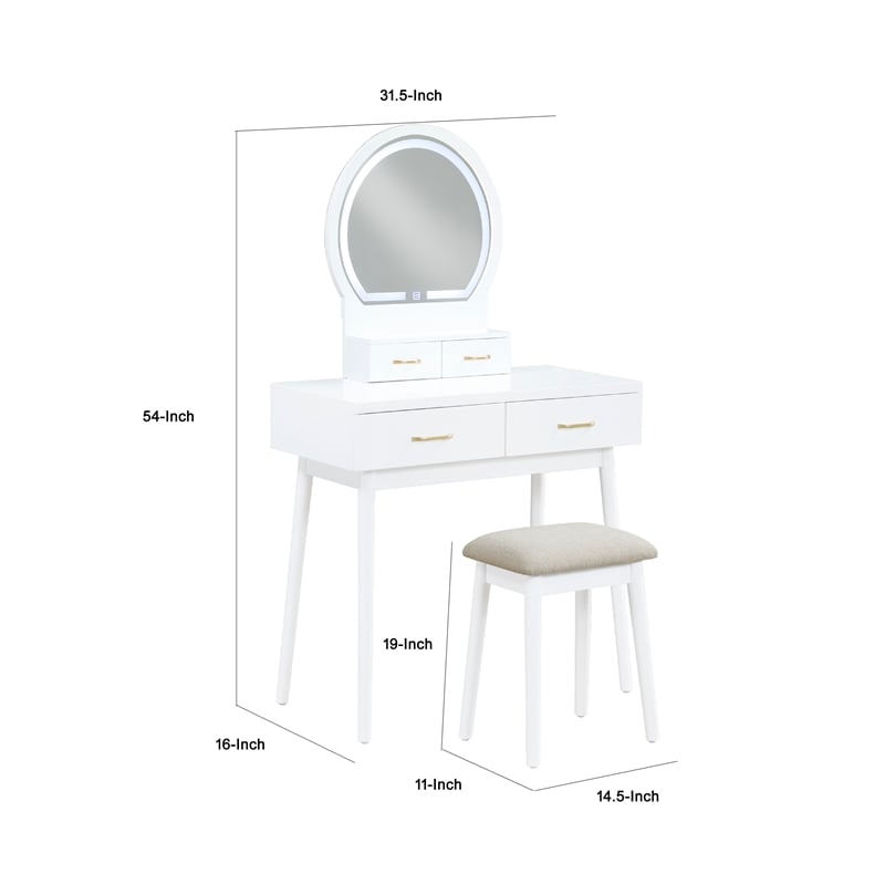Anvy Vanity Desk Set with Mirror and Stool- 4 Drawers- White Wood