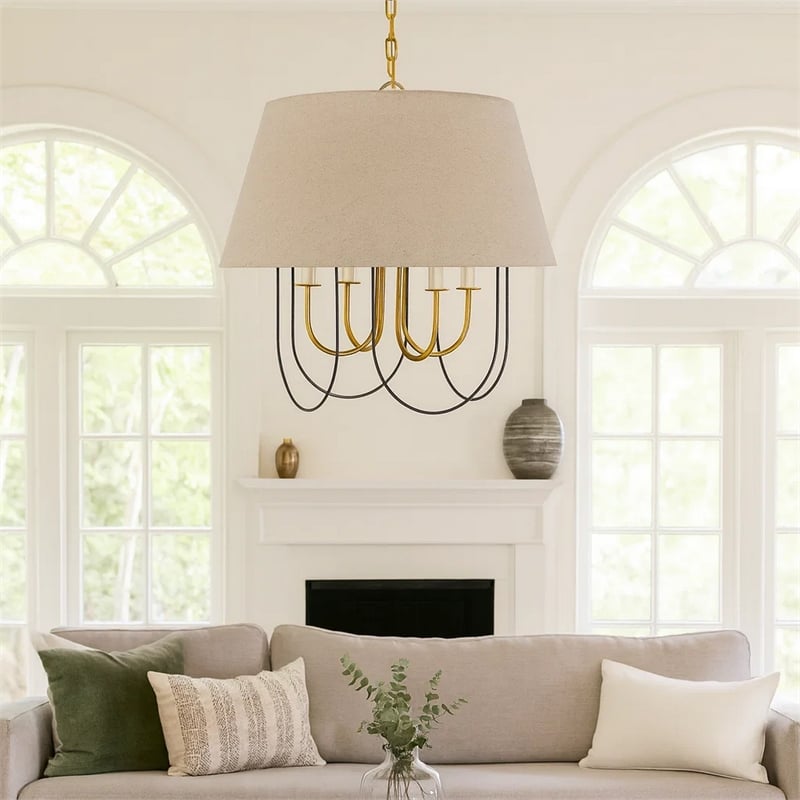 Pomy 24 Inch Chandelier-Hardback Burlap Shade-Gold Black Metal