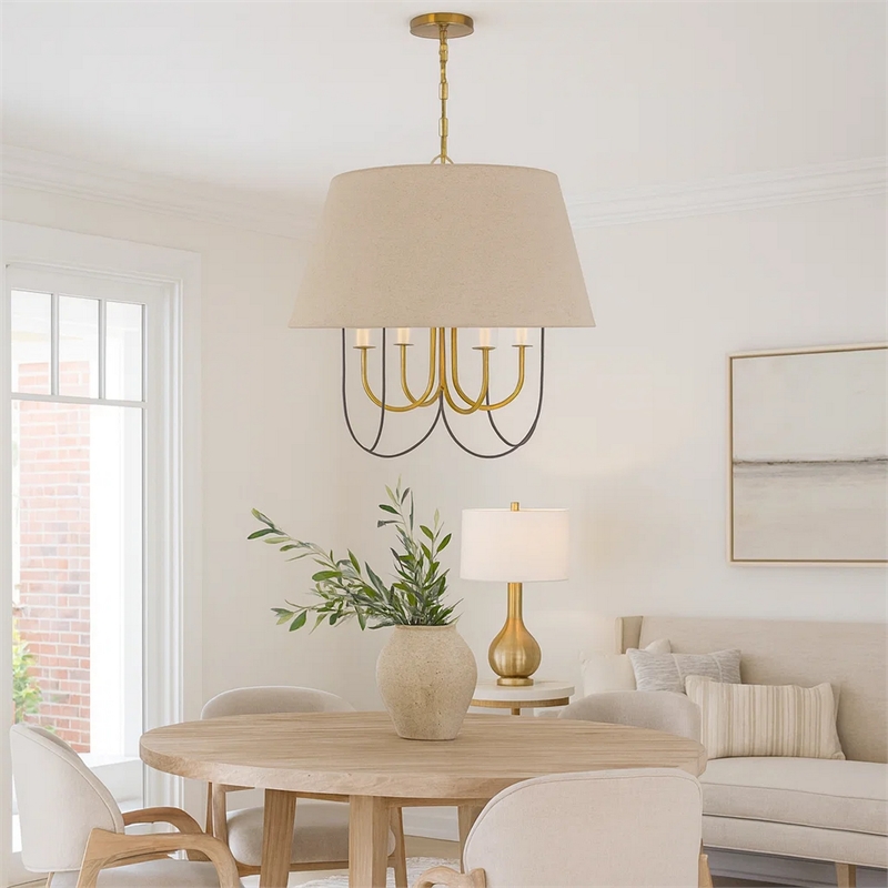Pomy 24 Inch Chandelier-Hardback Burlap Shade-Gold Black Metal