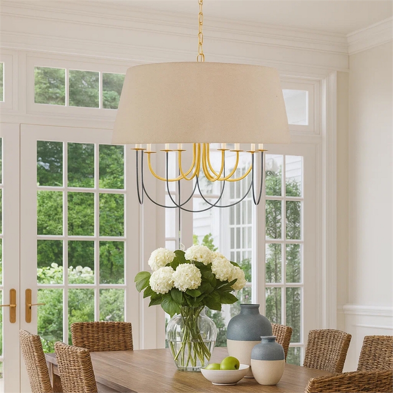 Pomy 28 Inch Chandelier-Hardback Burlap Shade-Gold Black Metal