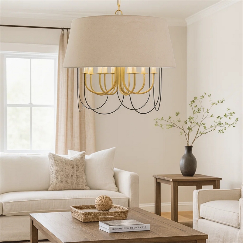 Pomy 28 Inch Chandelier-Hardback Burlap Shade-Gold Black Metal