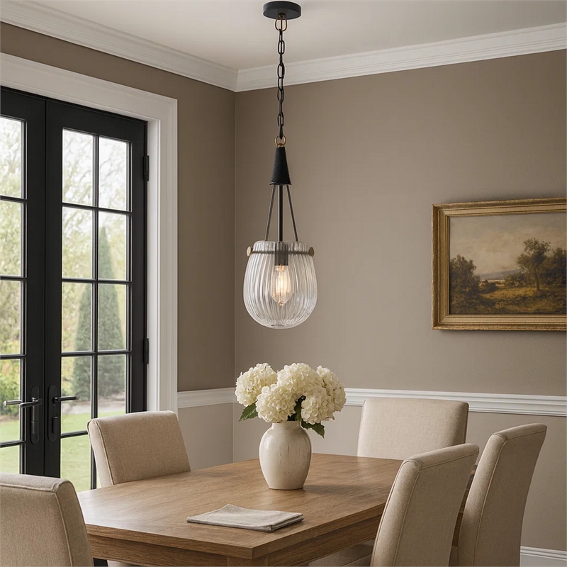 Cora 8 Inch Pendant Light w Gray Gold Chain-Fluted Raindrop Glass
