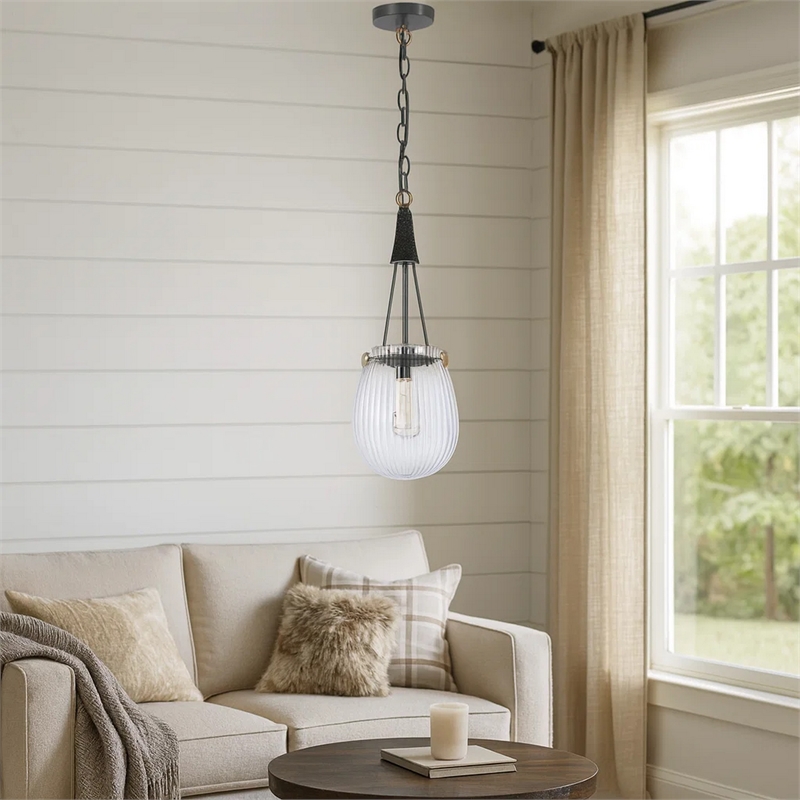 Cora 8 Inch Pendant Light w Gray Gold Chain-Fluted Raindrop Glass