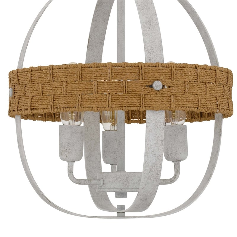Baty Chandelier-3 Light Rustic Rattan-Round White Metal 18 Inch