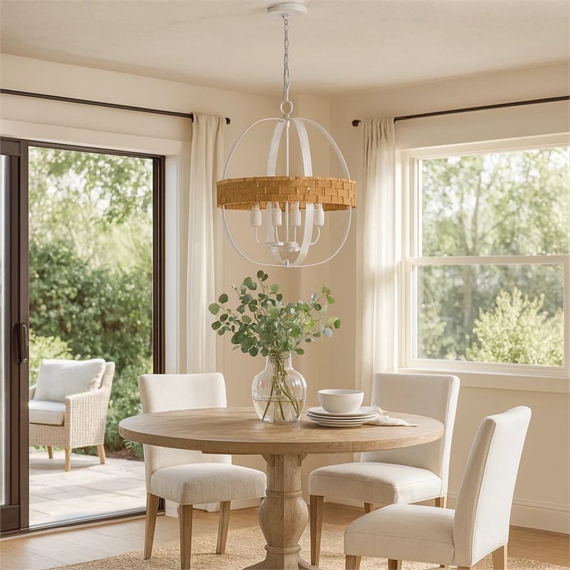 Baty Chandelier-3 Light Rustic Rattan-Round White Metal 18 Inch