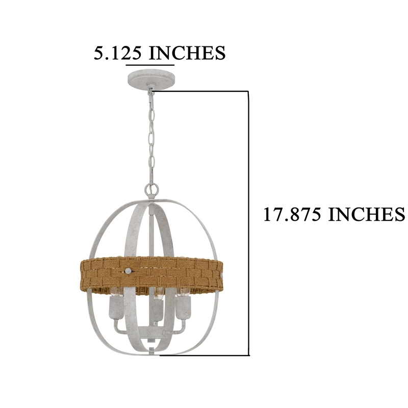 Baty Chandelier-3 Light Rustic Rattan-Round White Metal 18 Inch