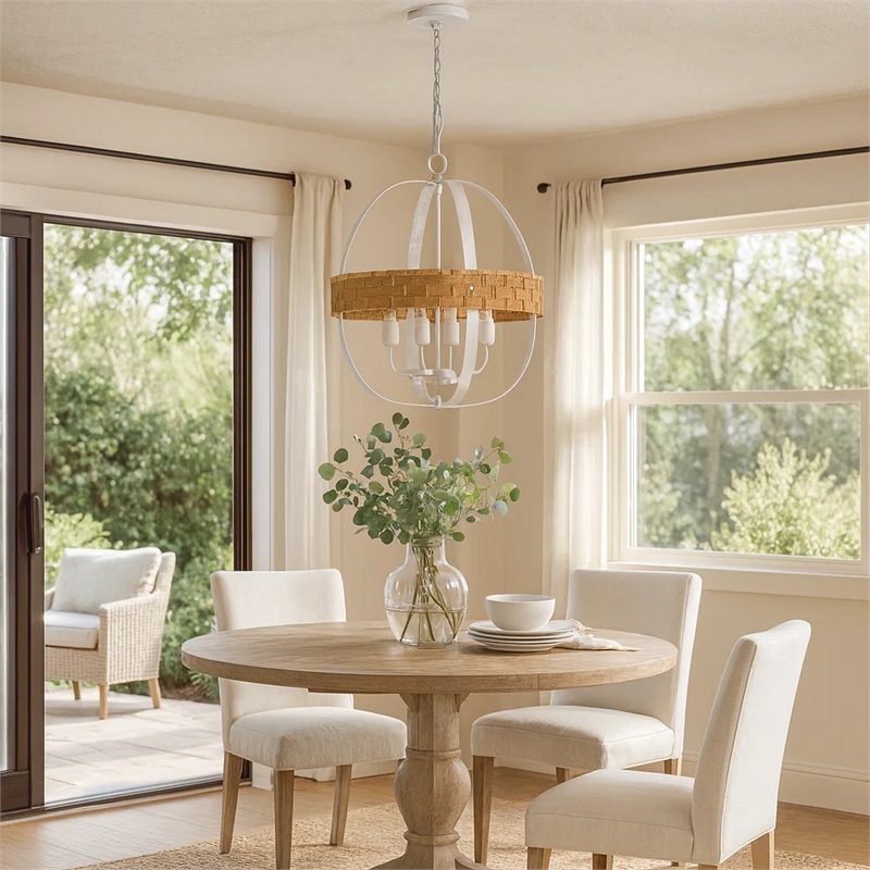 Baty Chandelier-3 Light Rustic Rattan-Round White Metal 18 Inch