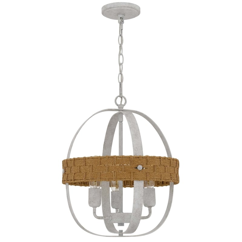 Baty Chandelier-3 Light Rustic Rattan-Round White Metal 18 Inch