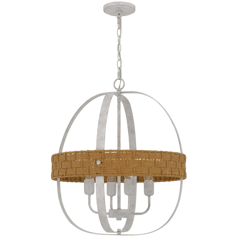 Baty Chandelier-4 Light Rustic Rattan Round-White Metal 21 Inch