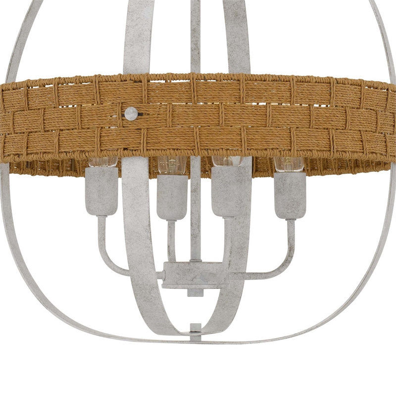 Baty Chandelier-4 Light Rustic Rattan Round-White Metal 21 Inch