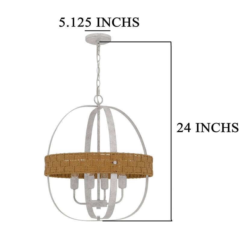 Baty Chandelier-4 Light Rustic Rattan Round-White Metal 21 Inch