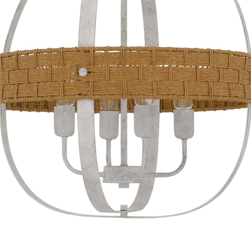 Baty Chandelier-4 Light Rustic Rattan Round-White Metal 21 Inch