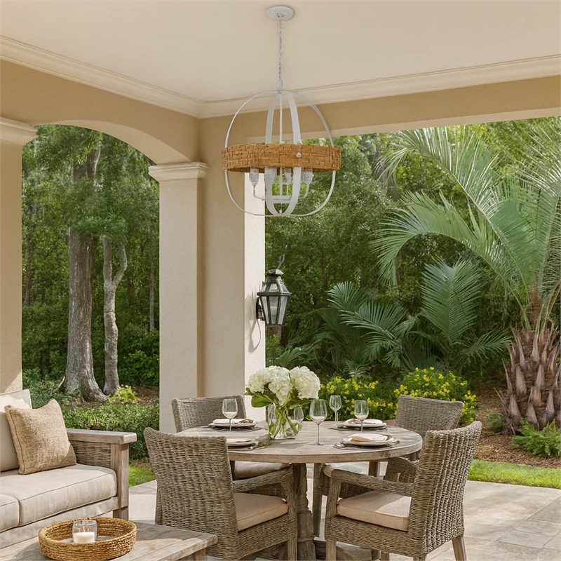 Baty Chandelier-4 Light Rustic Rattan Round-White Metal 21 Inch
