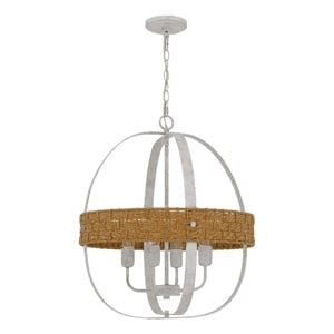 Baty Chandelier-4 Light Rustic Rattan Round-White Metal 21 Inch