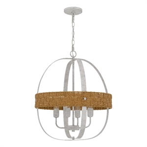 Baty Chandelier-4 Light Rustic Rattan Round-White Metal 21 Inch