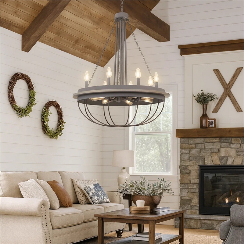 Nexy 29 Inch Chandelier-8 Light Bulb Sockets-Gray Metal Cage Design