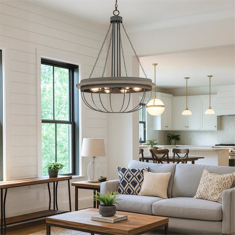 Nexy 29 Inch Chandelier-8 Light Bulb Sockets-Gray Metal Cage Design