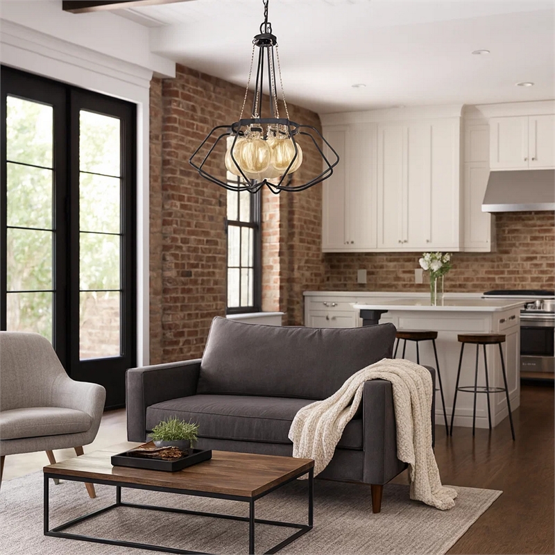 Lima 22 Inch Chandelier w 4 Light Bulbs-Black Metal Cage Design