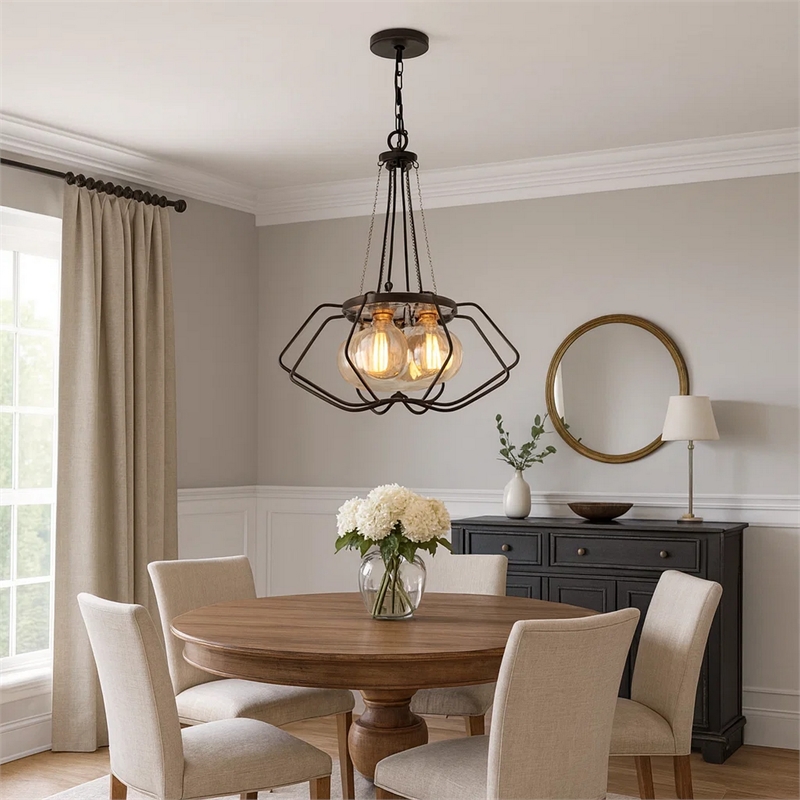 Lima 22 Inch Chandelier w 4 Light Bulbs-Black Metal Cage Design