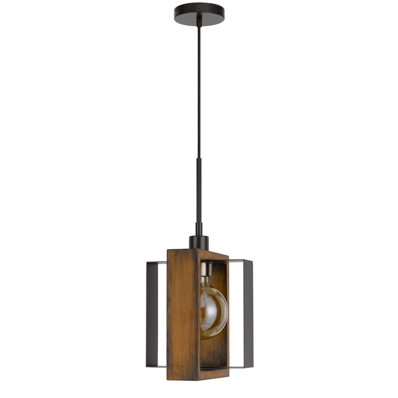 Gen 9 Inch Mini Pendant Light Fixture w Bulb-Black Metal-Pine Wood
