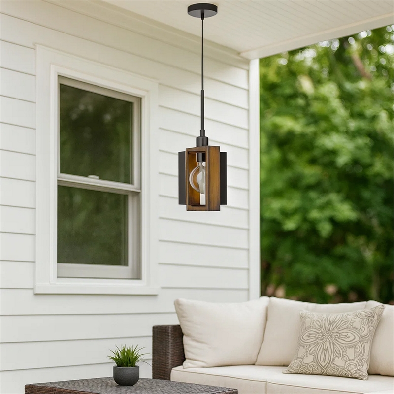 Gen 9 Inch Mini Pendant Light Fixture w Bulb-Black Metal-Pine Wood