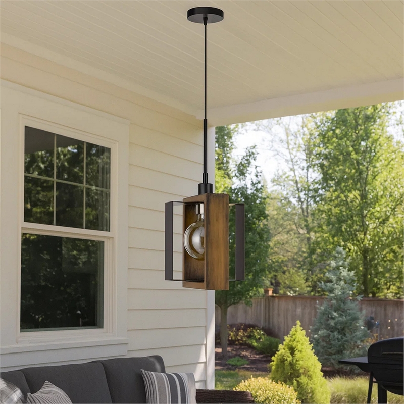 Gen 9 Inch Mini Pendant Light Fixture w Bulb-Black Metal-Pine Wood