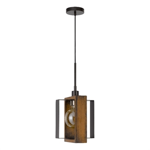 Gen 9 Inch Mini Pendant Light Fixture w Bulb-Black Metal-Pine Wood