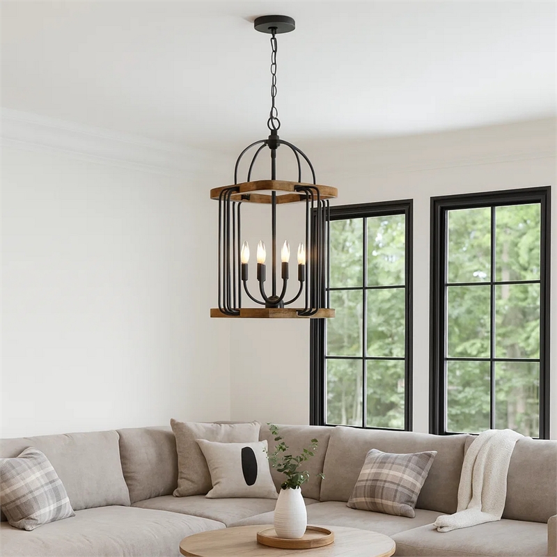 Rio 16 Inch Chandelier w Upturned Lights and Canopy-Wood-Black Metal