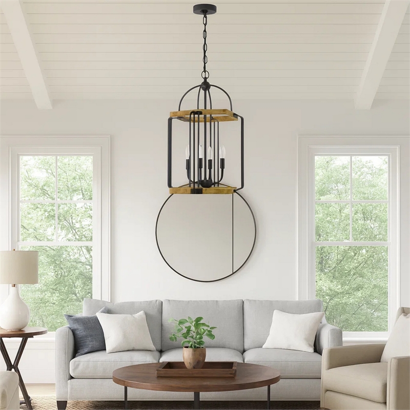 Rio 16 Inch Chandelier w Upturned Lights and Canopy-Wood-Black Metal