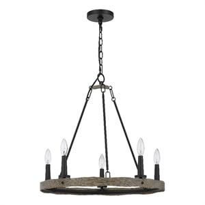 Stomy 23 Inch Chandelier-Brown Wood Wheel Design-Black Metal Chain
