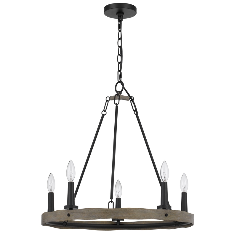 Stomy 23 Inch Chandelier-Brown Wood Wheel Design-Black Metal Chain