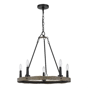 Stomy 23 Inch Chandelier-Brown Wood Wheel Design-Black Metal Chain