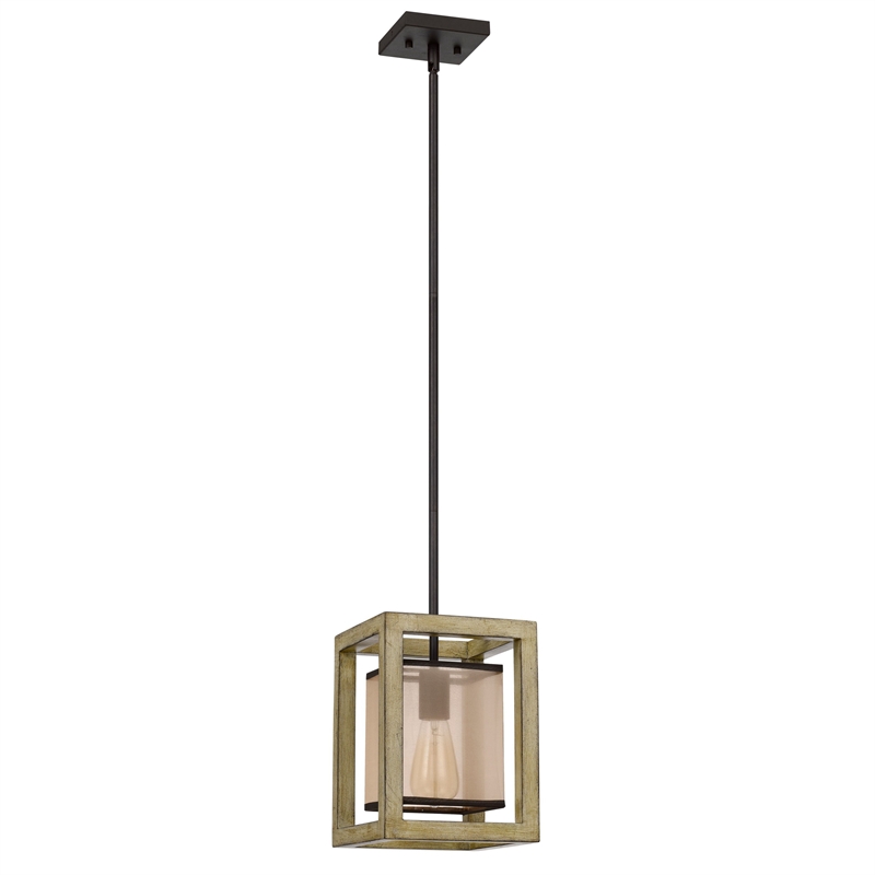 Acia 8 Inch Pendant Light-Rustic Brown Organza Shade-Wood-Metal