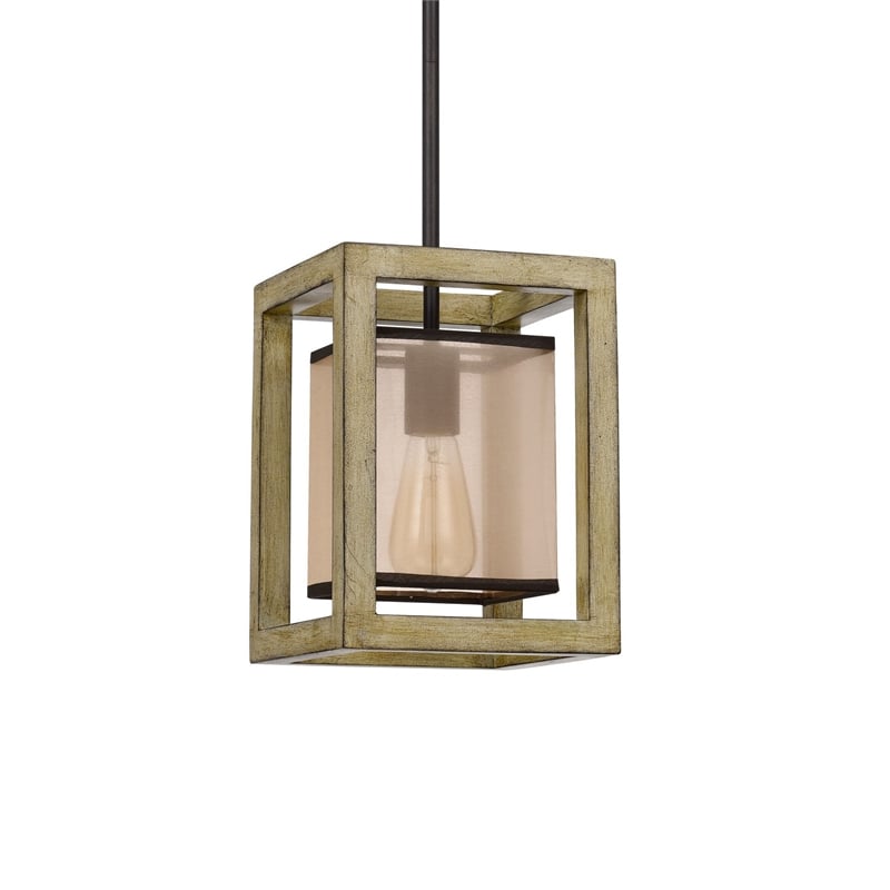 Acia 8 Inch Pendant Light-Rustic Brown Organza Shade-Wood-Metal