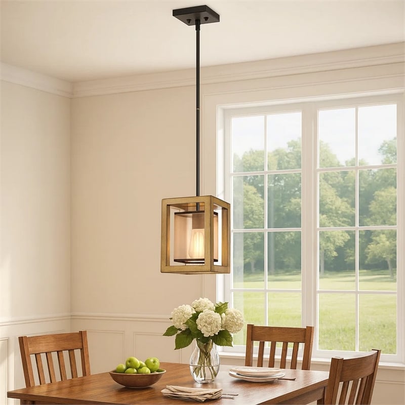 Acia 8 Inch Pendant Light-Rustic Brown Organza Shade-Wood-Metal