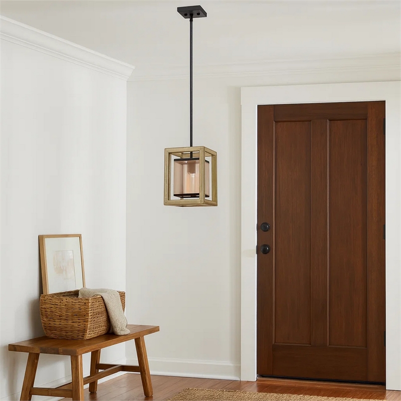 Acia 8 Inch Pendant Light-Rustic Brown Organza Shade-Wood-Metal