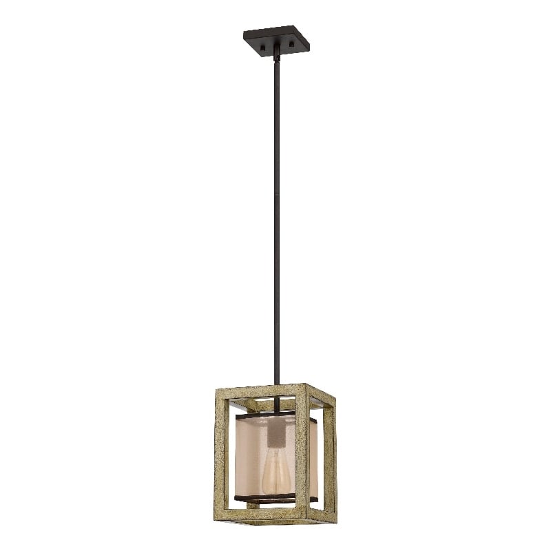 Acia 8 Inch Pendant Light-Rustic Brown Organza Shade-Wood-Metal