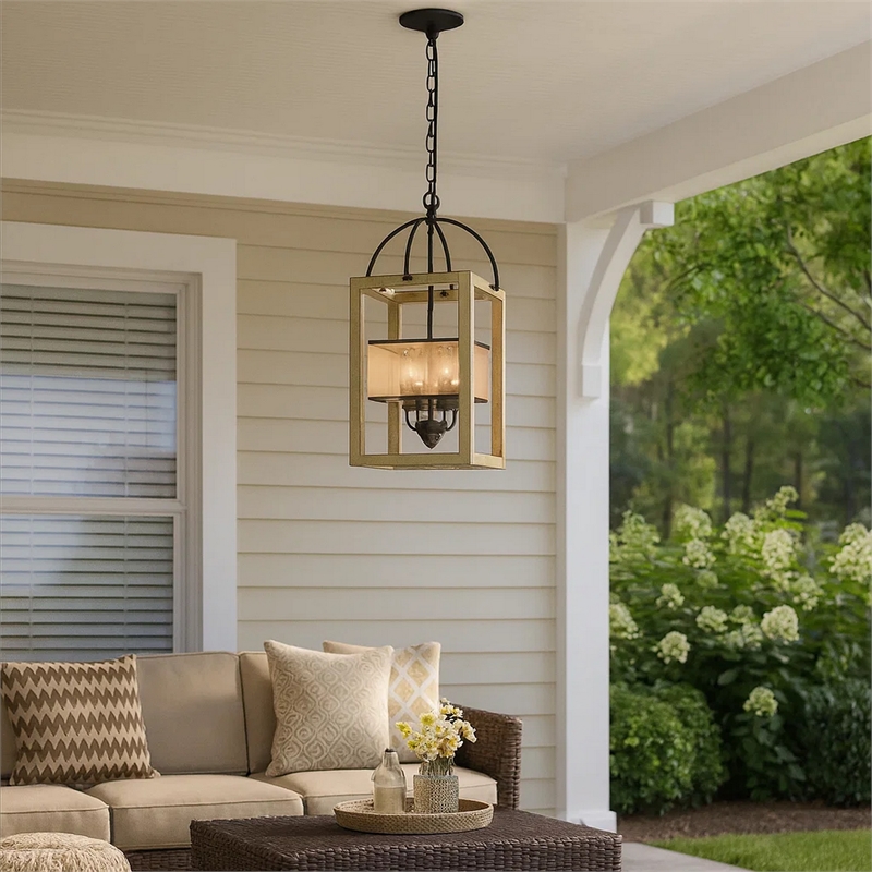 Acia 12 Inch Chandelier-Distressed Brown Organza Shade-Wood-Metal