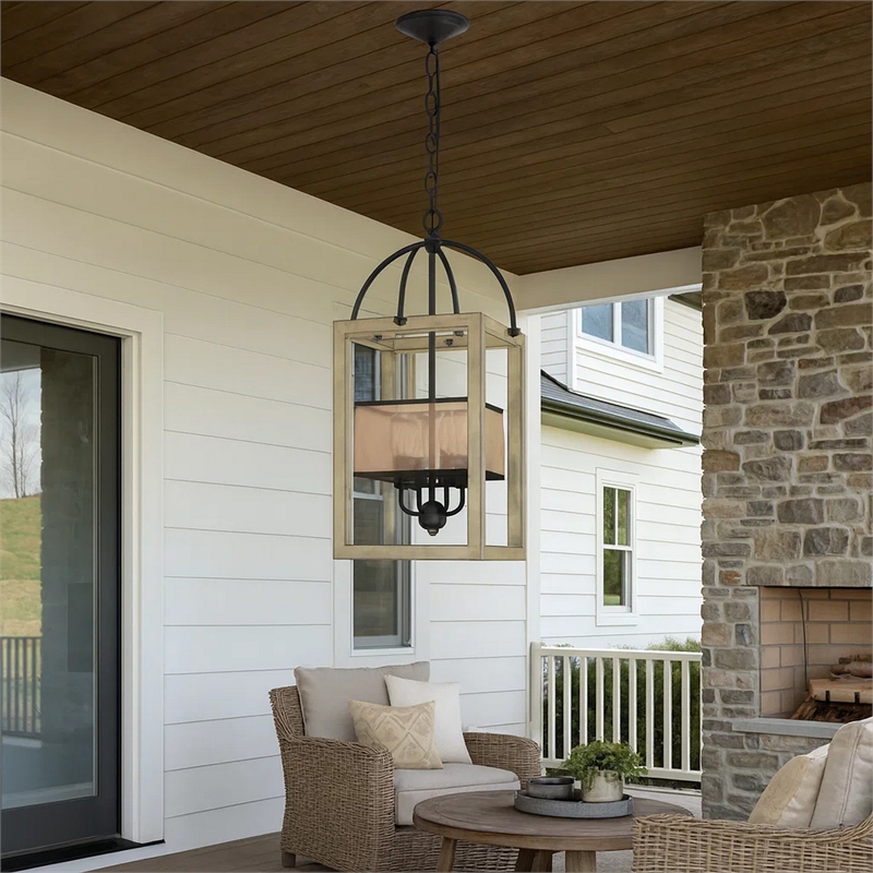 Acia 12 Inch Chandelier-Distressed Brown Organza Shade-Wood-Metal