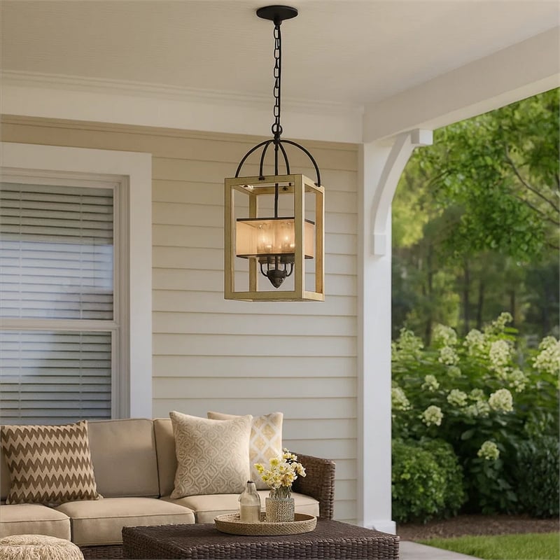Acia 12 Inch Chandelier-Distressed Brown Organza Shade-Wood-Metal