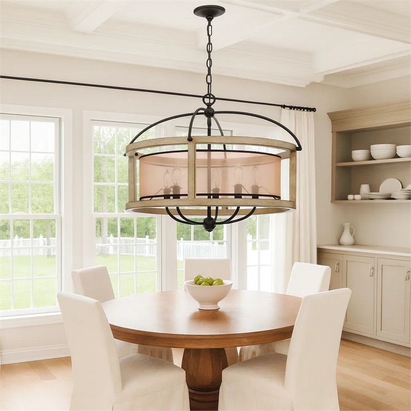 Acia 26 Inch Chandelier-Classic Round Organza Shade Wood-Metal
