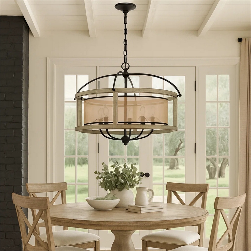 Acia 26 Inch Chandelier-Classic Round Organza Shade Wood-Metal