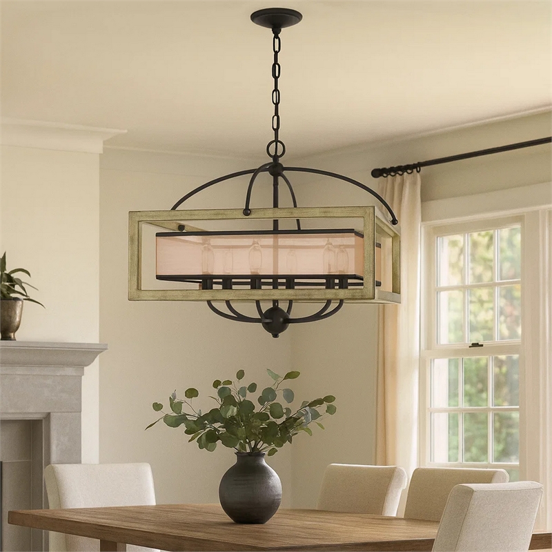 Acia 24 Inch Chandelier-Square Organza Shade-Wood-Metal