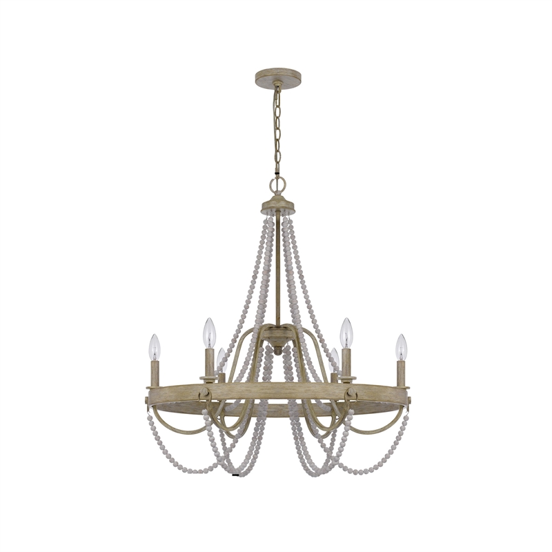 Maci 28 Inch Chandelier-White Beaded Candelabra Design-Brown Wood