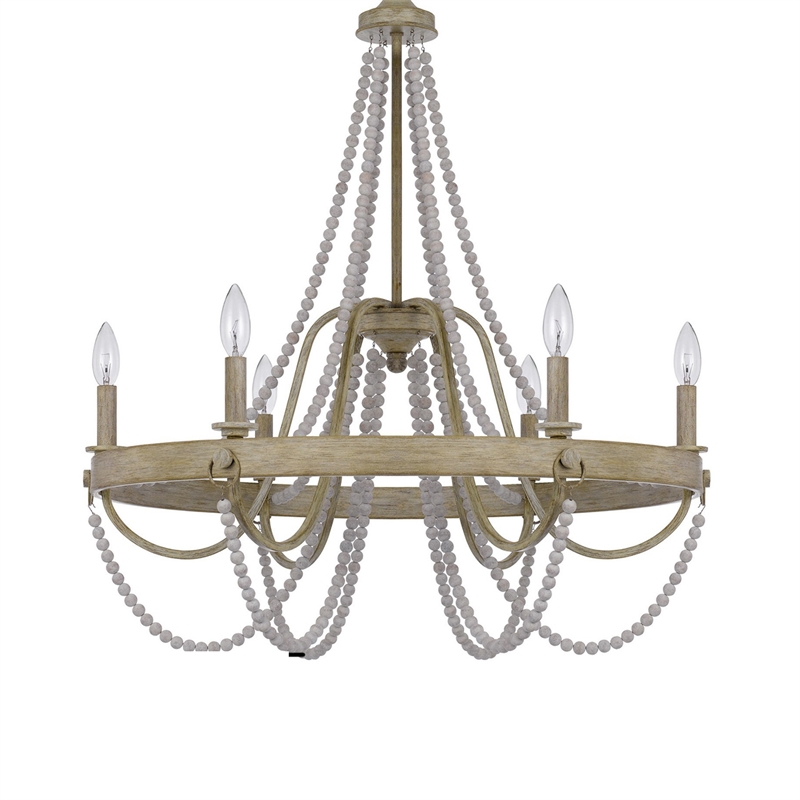 Maci 28 Inch Chandelier-White Beaded Candelabra Design-Brown Wood