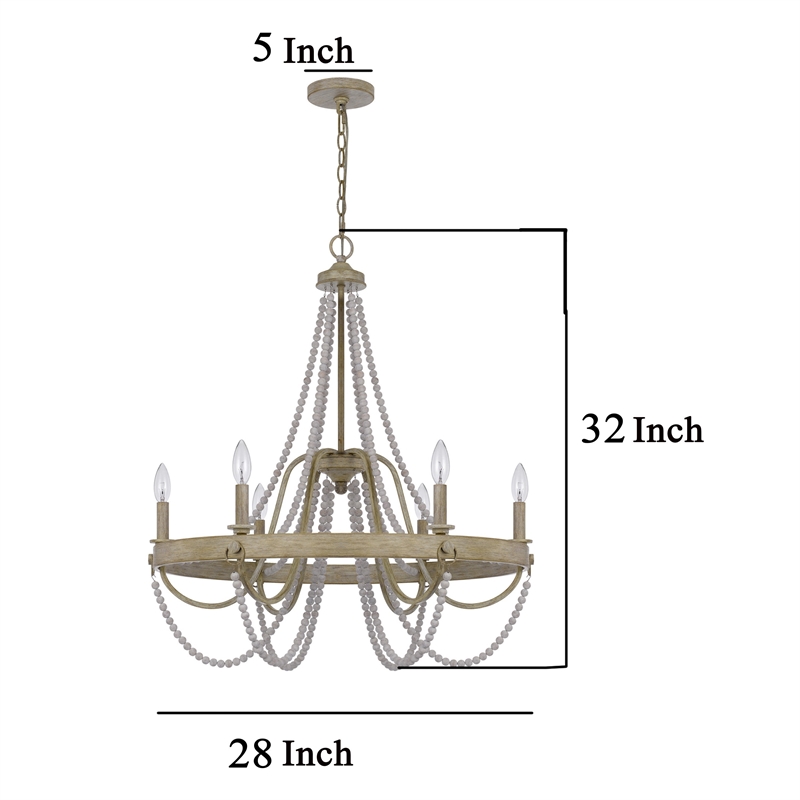 Maci 28 Inch Chandelier-White Beaded Candelabra Design-Brown Wood
