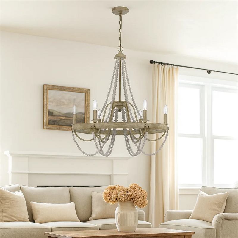 Maci 28 Inch Chandelier-White Beaded Candelabra Design-Brown Wood