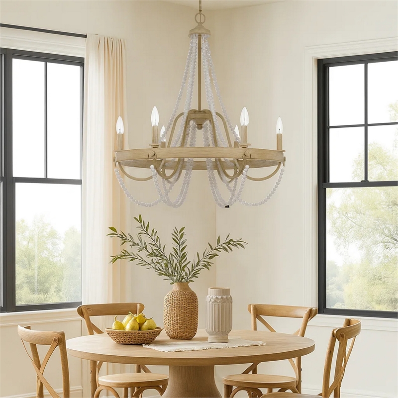 Maci 28 Inch Chandelier-White Beaded Candelabra Design-Brown Wood